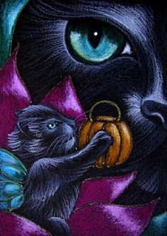 a drawing of a black cat holding a pumpkin