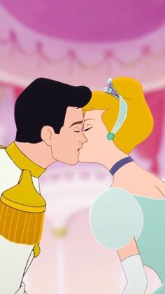 princess and prince kissing in front of a purple background