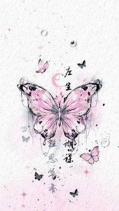 a pink butterfly with chinese writing on it's wings and watercolor paint splatters