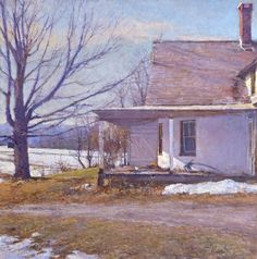 a painting of a white house with snow on the ground