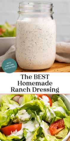 the best homemade ranch dressing in a mason jar with lettuce and tomatoes on top