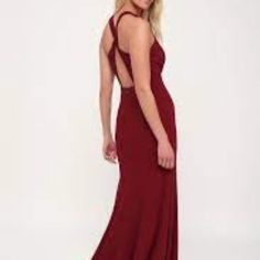 Lulus Always Be In Love Wine Red Twist Back Maxi Dress S Nwt $92.00. This Stunning Gown Shaped With Thick Stretch Knit Starts Off With A Princess Seam Surplice Neckline And A Twisted Strappy Back. A High Banded Waist Flows Into A Glamorous Mermaid Style Maxi Skirt. Hidden Back Zipper/Clasp. 95% Polyester And 5% Spandex And The Lining Is 100% Polyester. Hand Wash Cold. So Beautiful. Comes From A Pet And Smoke Free Home. Please Let Me Know If You Have Any Questions. Thank You For Looking! Red V-neck Dress With Ruched Back, Keyhole Back Evening Dress For Prom Season, Red Backless Dress With Ruched Back, Red Backless Dress With Tie Back, Fitted Dress With Closed Back For Date Night, Fitted Maxi Dress With Keyhole Back For Date Night, Red Sleeveless Dress With Back Opening, Formal Dress With Ruched And Closed Back, Red Prom Dress With Ruched Back