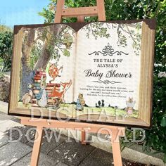 an open book sitting on top of a wooden easel next to a tree and sidewalk