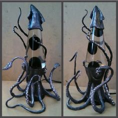 two pictures of an octopus wine bottle holder