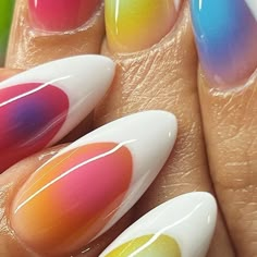 Nailedbyliv <3 on Instagram: "🌈 SUNRISE 🌈   #gelx #nails #gelxnails #detroitnails #detroitnailtech #detroitartist #explorepage #nailsofinstagram #nailinspo #naildesign #colorfulnails #frenchtipnails #airbrush #airbrushnails #nailporn #nailpromote #nailpro #nailaddict #explore" French Airbrush Nails, Airbrush French Tip Nails, Air Brush Nails, Wet Nails, Airbrush Nail Art, Boho Nails, Punk Nails, Airbrush Nails