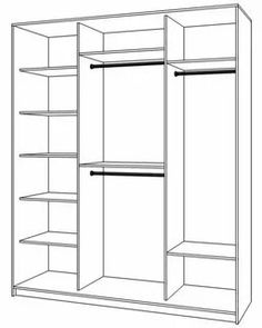 a drawing of an open closet with shelves and hanging bars on the bottom shelf,