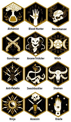 the twelve zodiac signs in black and gold with white lettering on them, all showing different symbols