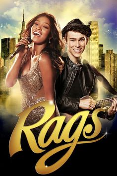 the movie poster for rags with two people in front of a cityscape