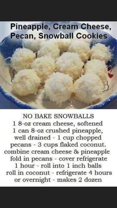 the recipe for pineapple cream cheese, pecan snowball cookies is shown in this screenshot