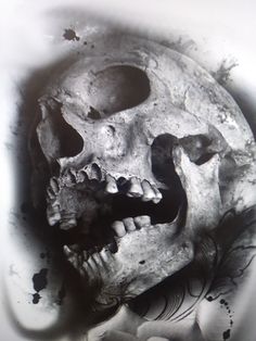 a black and white photo of a human skull