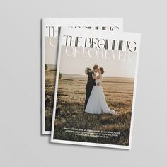 the wedding of forever magazine is on display in front of a gray background with an image of a bride and groom embracing each other