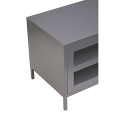 a small grey cabinet with two shelves on each side and one shelf below the door