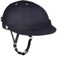 the helmet is made from denim and has metal buckles on the front, while the br