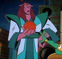 an animated character holding a ball in his hand and another cartoon character standing behind him