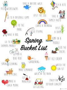 the words spring bucket list are written in black and white, with colorful pictures on it