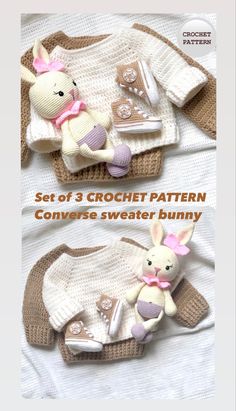 an image of two knitted sweaters with bunny and teddy bear on them, set of 3 crochet pattern