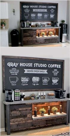 two pictures of the front and back of a coffee shop with signs above it that say gray house studio coffee