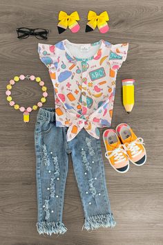 Pastel School Pearl Denim Pant Set - Sparkle in Pink Melody Clothes, Girls Back To School Outfits, Kindergarten Outfits, Coordinating Sibling Outfits, Aria Style, Boys School Outfits, Trending 2024, Sparkle In Pink, Sibling Outfits