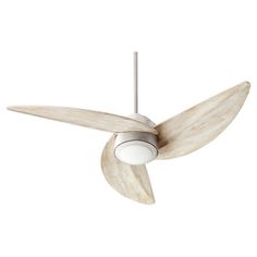 a white ceiling fan with a light on it's blade and two wooden blades