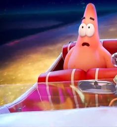 a cartoon character sitting in the back of a car with a surprised look on his face