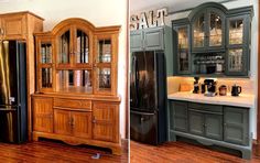 two pictures side by side one has a refrigerator and the other has cabinets with glass doors