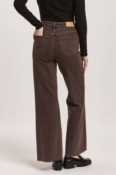 High rise wide leg jeans. It's cozy fit that sits at natural waist, embraces your natural curves and accentuates your hips and thigh. Full inseam on stretch denim featuring cut-off hem details add flair to these soft pants, available in designer colors, and finished with a center inseam press for a tailored look. Mocha Brown wash 11 1/2" Front Rise (include waistband), 24 1/2" Leg Opening, 31" inseam (Size 27) Super stretch: Plenty give, may go down one size 90% cotton, 8% polyester, 2% spandex Tencel Denim, Denim Essentials, High Rise Wide Leg Jeans, Dear John, Soft Pants, Mocha Brown, Comfy Sweaters, Natural Curves, High Rise Denim