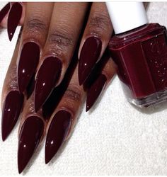 Purplish Red Nails, Burgundy Pointy Nails, Cute Pointy Nails, Red Wine Acrylic Nails, Plum Red Nails, Almond Nails Maroon, Wine Colour Nails, Deep Wine Nails, Deep Nail Colors