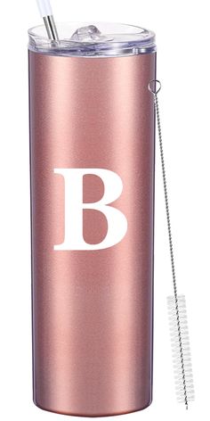 a pink tumbler with the letter b on it and a straw sticking out of it