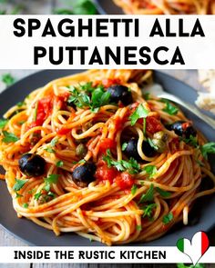 spaghetti alla puttanesca with olives and parsley in a black plate