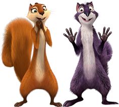 two cartoon squirrels standing next to each other with their hands in the air and one holding his mouth open