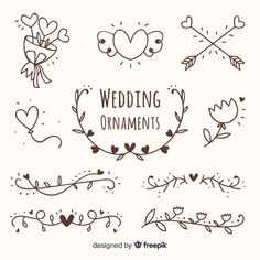 wedding ornaments with hearts, arrows and flowers on white background freehanded