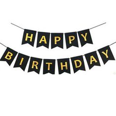 happy birthday banner with black and gold letters