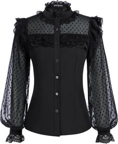 Scarlet Darkness Women's Victorian Lace Tops Polka Dot Button Down Long Elegant Lace Tops, Old Money Life, Sweden Fashion, Stand Collar Top, Women Lace Blouse, Victorian Blouse, Gothic Shirts, Womens Lace Tops, Swedish Fashion