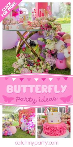 a butterfly themed party with pink and purple decorations, balloons and flowers on the grass