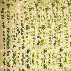 green ivy leaves hanging from the side of a curtain with lights on it and some white stars