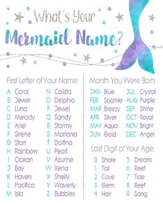 the mermaid name game is shown in purple and blue