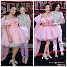 two women in pink dresses posing on the red carpet