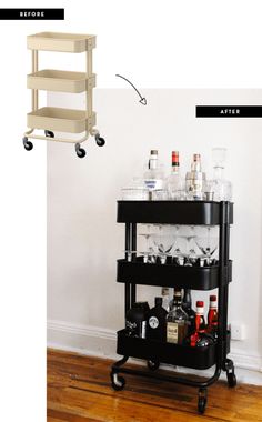 a bar cart with bottles and glasses on it