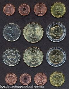 some different coins are on display in a case