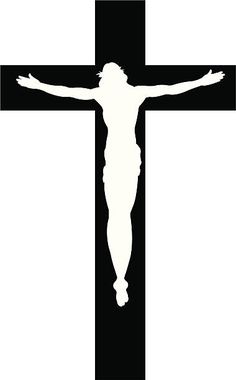 the crucifix is black and white with jesus's arms stretched out