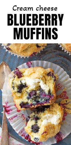 blueberry muffins on a paper plate with a spoon and cupcake in the background