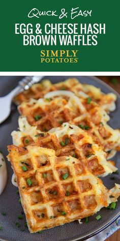 some waffles are on a plate with green onions and cheese in the background