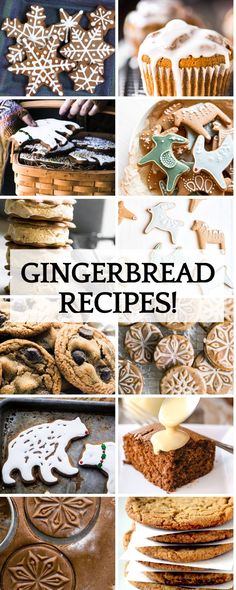 a collage of gingerbread cookies and desserts