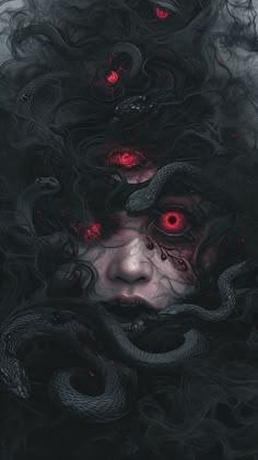 a woman's face with red eyes and black hair, surrounded by dark snakes