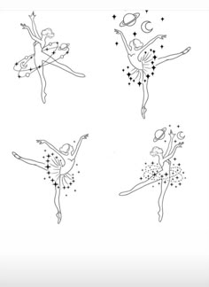 four ballerinas in different positions with stars and circles on their backs, one is holding