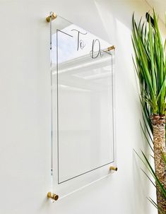 a mirror mounted to the side of a white wall next to a potted plant