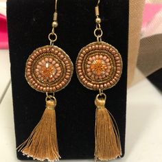 We Carry These In Lots Of Colors But This Color Is So Pretty! Very Lightweight Approx 2 3/4” Total Length Suede Backing 44e Gold Tassel Earrings For Festivals, Summer Brown Tassel Jewelry, Adjustable Orange Tassel Earrings, Orange Tassel Earrings, Chanel Stud Earrings, Michael Kors Earrings, Givenchy Earrings, Purple Day, Topaz Crystal