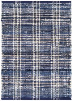 a blue and white plaid rug with fringes on the bottom, in different colors