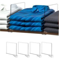 three rows of folded shirts on display in a store with four different sizes and colors