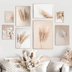 a living room filled with white furniture and pictures on the wall above it's couch